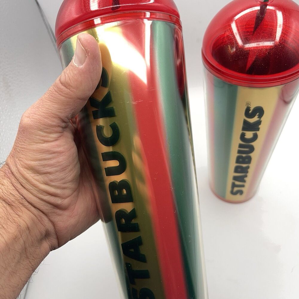 Starbucks 2024 Metallic Red, Green & Gold Stripe Cold Cup - Set Of 2 - Picture 8 of 16